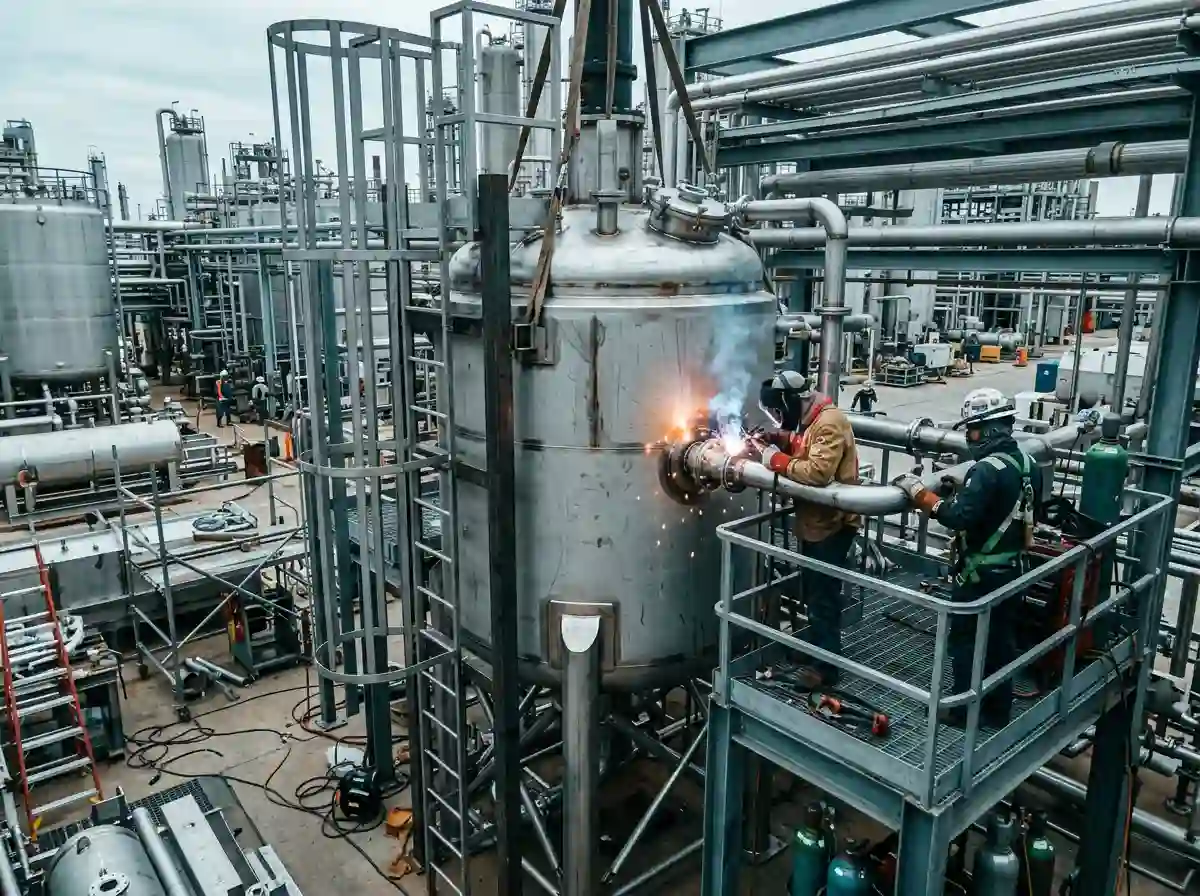 Technicians performing field welding on a stainless vessel