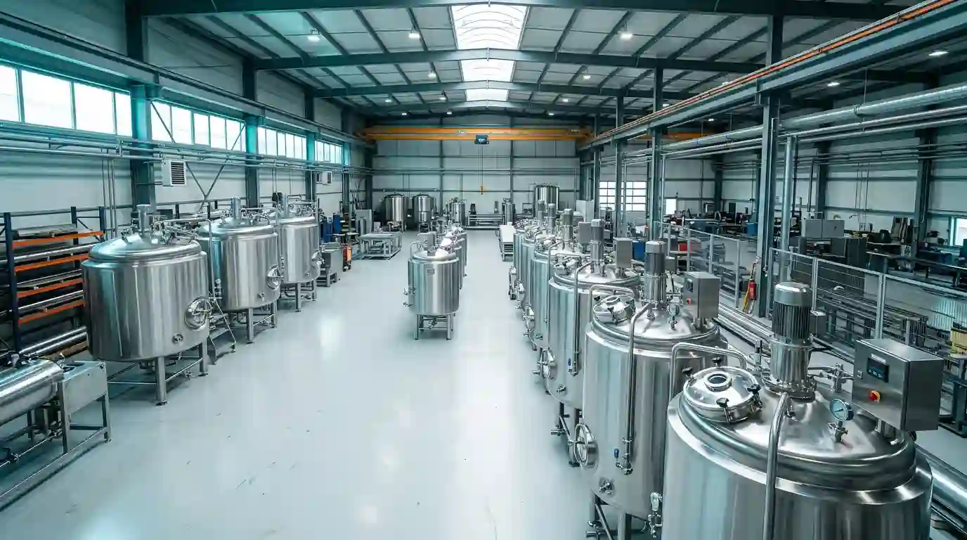 Interior of a stainless steel process equipment fabrication facility with polished sanitary tanks and vessels