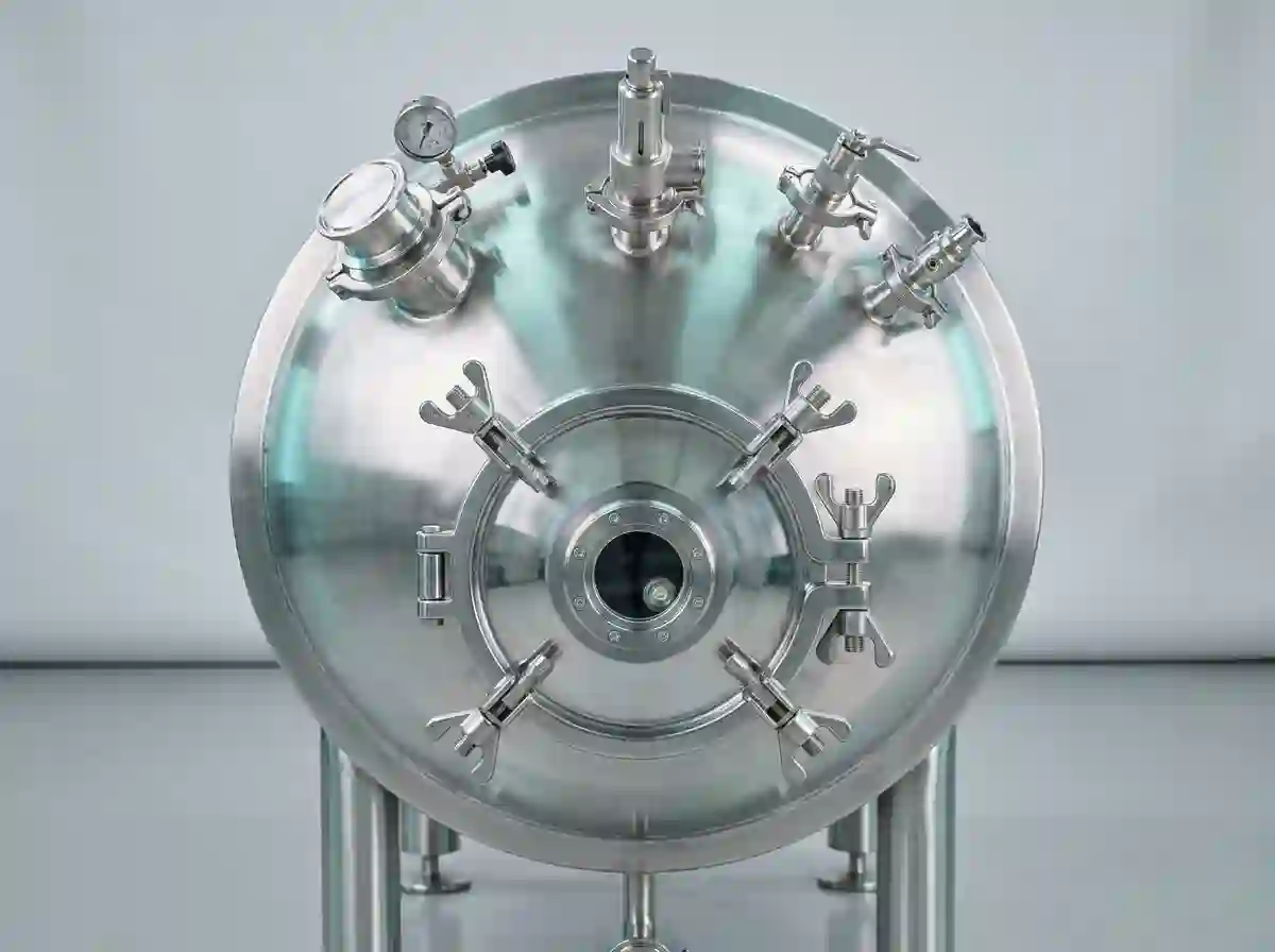 Polished stainless steel sanitary process tank with tri-clamp fittings and a manway